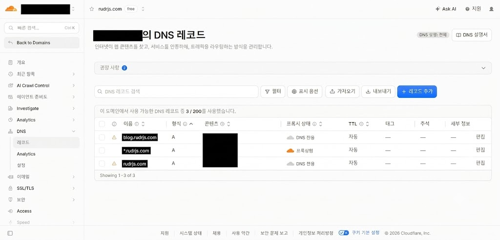 Cloudflare Nginx 도메인 연결 캡쳐사진