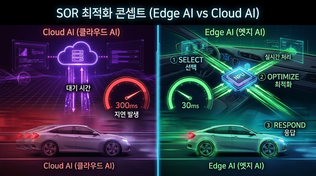 클라우드 AI는 통신 지연(300ms)으로 인해 제어 불능 사고를 유발하지만, 차량 내부 NPU에서 동작하는 엣지 AI는 SOR(선별·최적화·대응) 전략을 통해 데드라인인 30ms 실시간성을 확보하여 안전 주행을 보장합니다